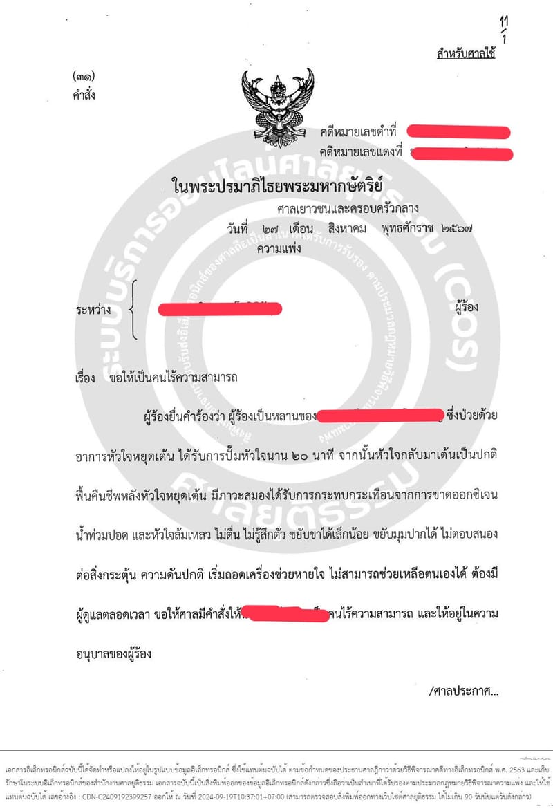 คดีร้องขอให้เป็นบุคคลไร้ความสามารถเเละตั้งผู้อนุบาล