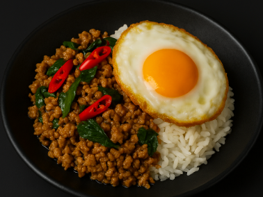 ข้าวกะเพราหมูสับไข่ดาว Stir-fried Minced Pork with Holy Basil & Fried Egg over Rice