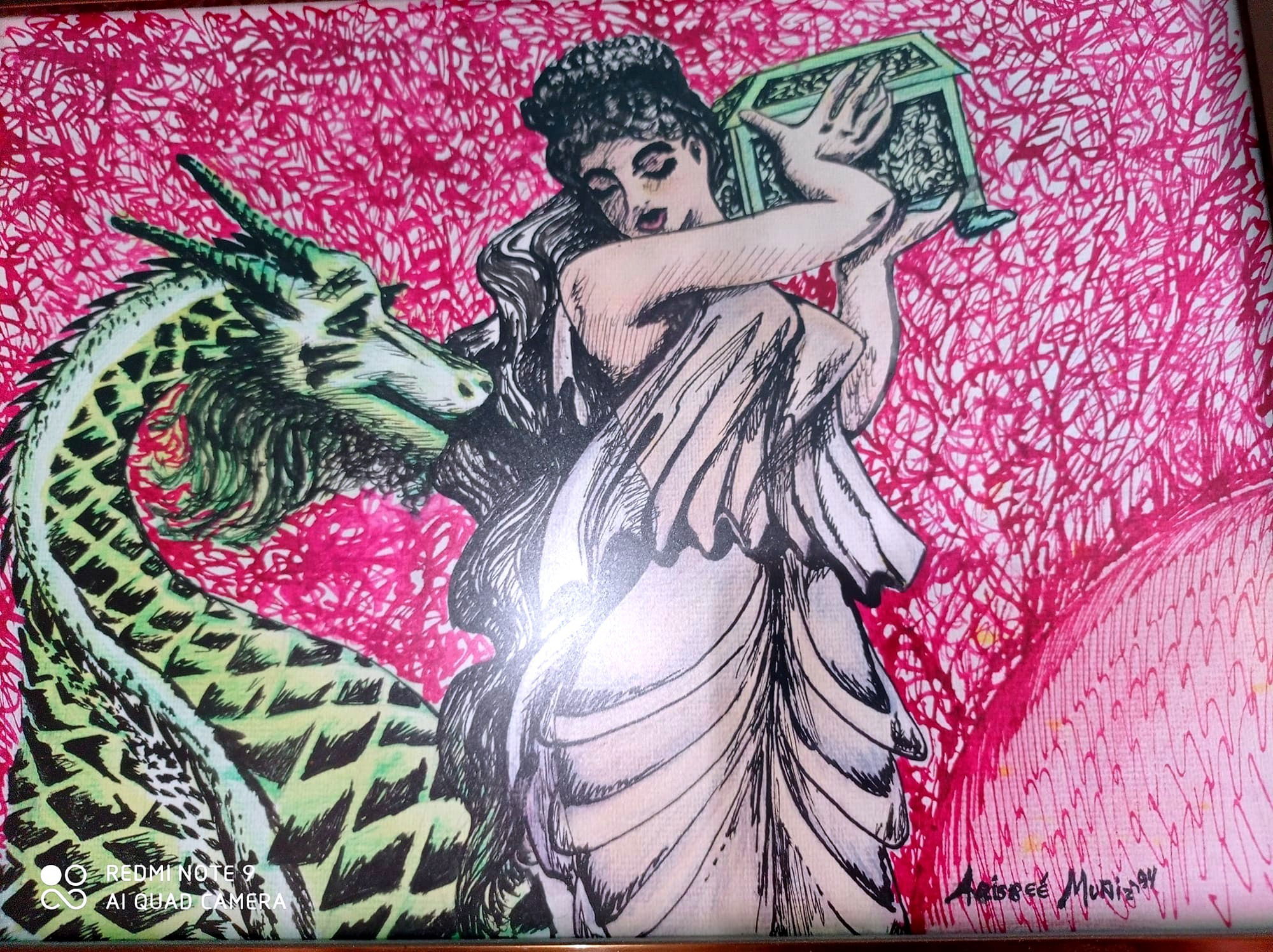 La conciencia introspectiva del dragón (1994) Aris Mun, Tintas sobre fabriano 27.9 x 21.5 cm