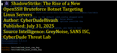🕷️ ShadowStrike: The Rise of a New OpenSSH Bruteforce Botnet Targeting Linux ServersAuthor: CyberDudeBivashPublished: July 31, 2025Source Intelligence: GreyNoise, SANS ISC, CyberDude Threat Lab