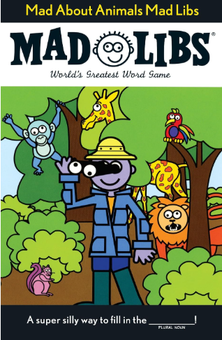 Mad about Animals product is shown, a cartoon drawing of a man with binoculars in the jungle with animals around him such as a monkey, giraffe and a lion.