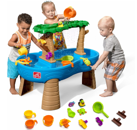 3 young children are showing playing around a water table with a lot of fun accessories.