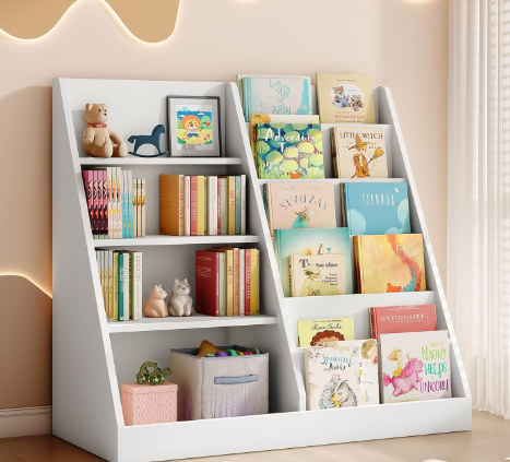 A beautiful white book shelf Thoughtfully designed with rounded edges and a stable base for enhanced safety, this wooden montessori bookshelf stands at an ideal height, allowing toddlers to reach their favorite books independently