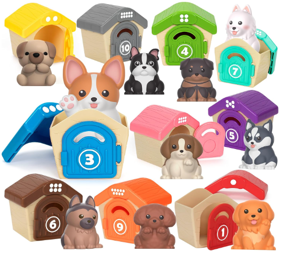 A variety of dogs in different colored and numbered houses for sorting