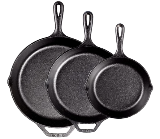 A set of 3 cast iron pans is shown.