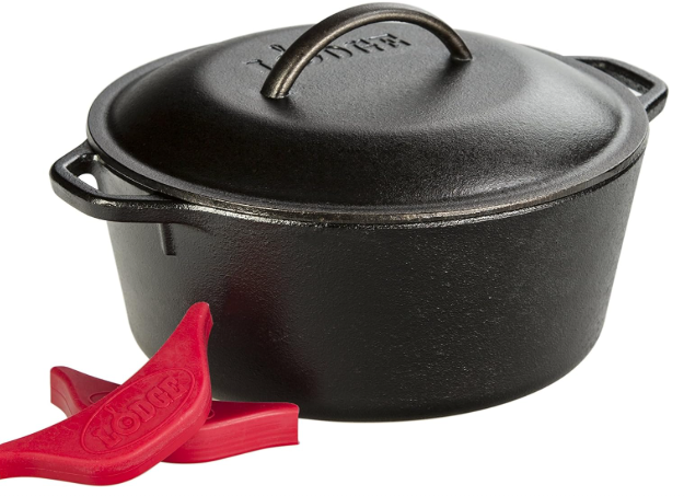 a cast iron dutch oven with removable silicone handles