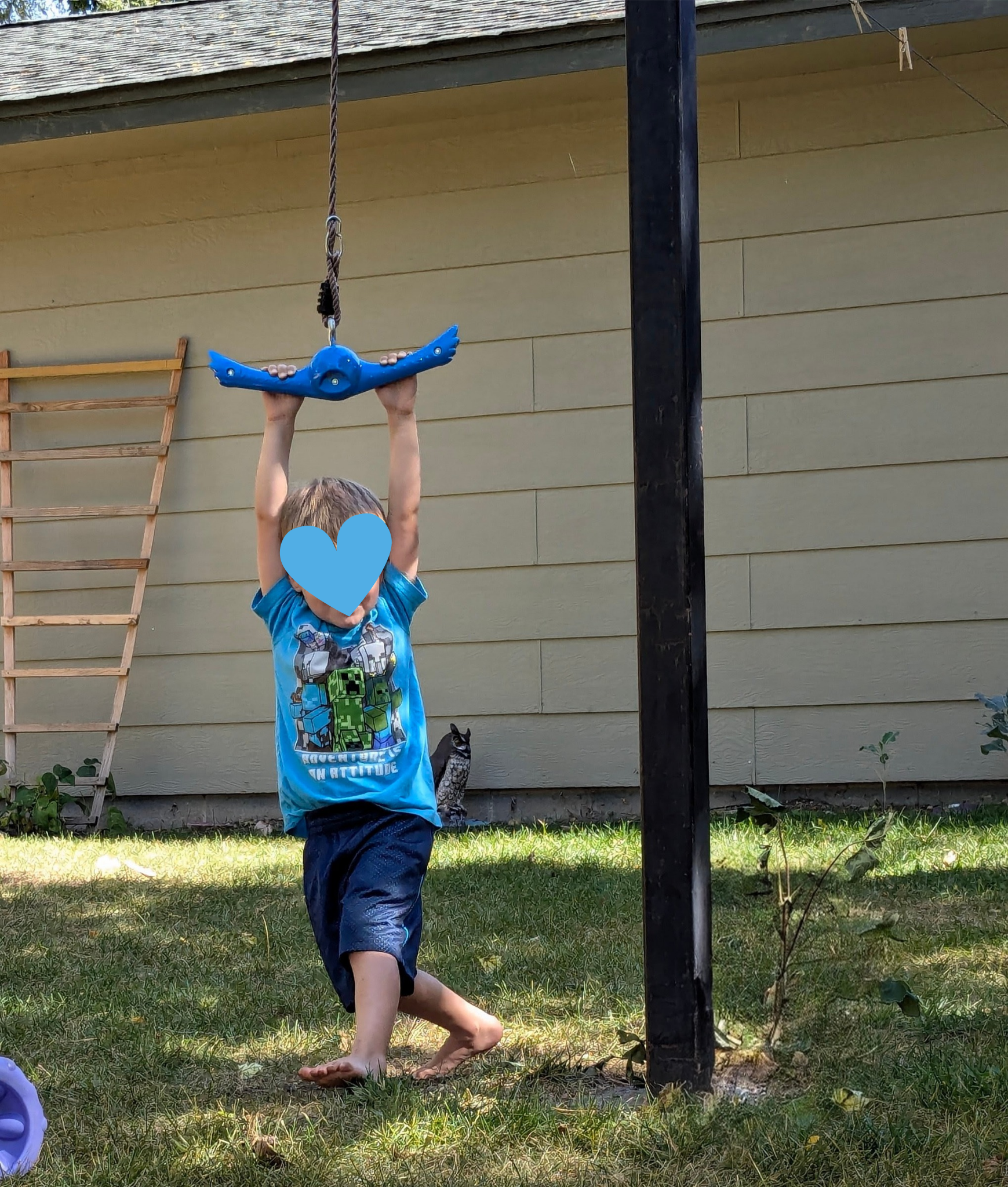 Boy is hanging from a ninja swing