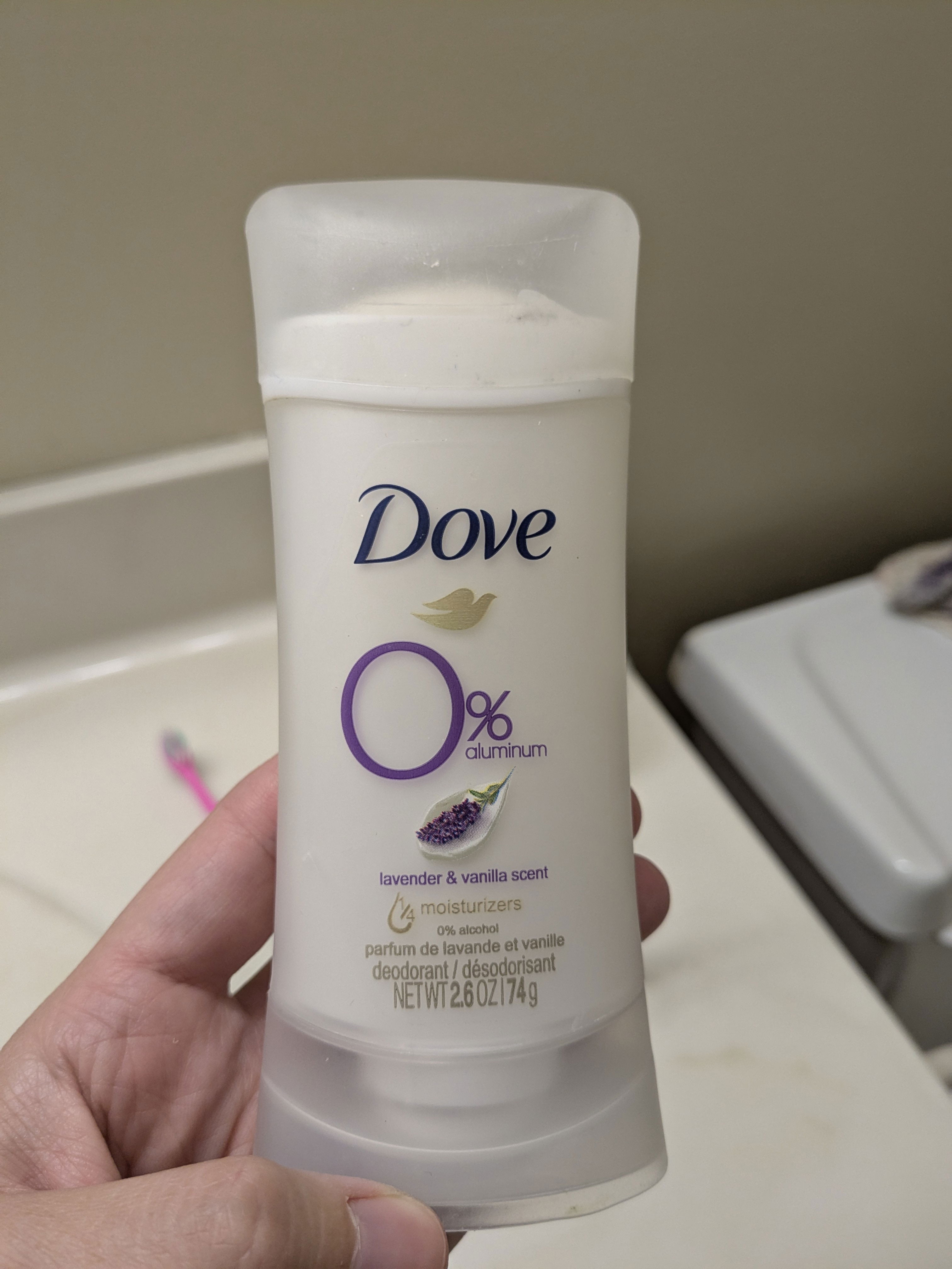 Dove aluminum free in lavender and vanilla scent is shown in a bathroom.