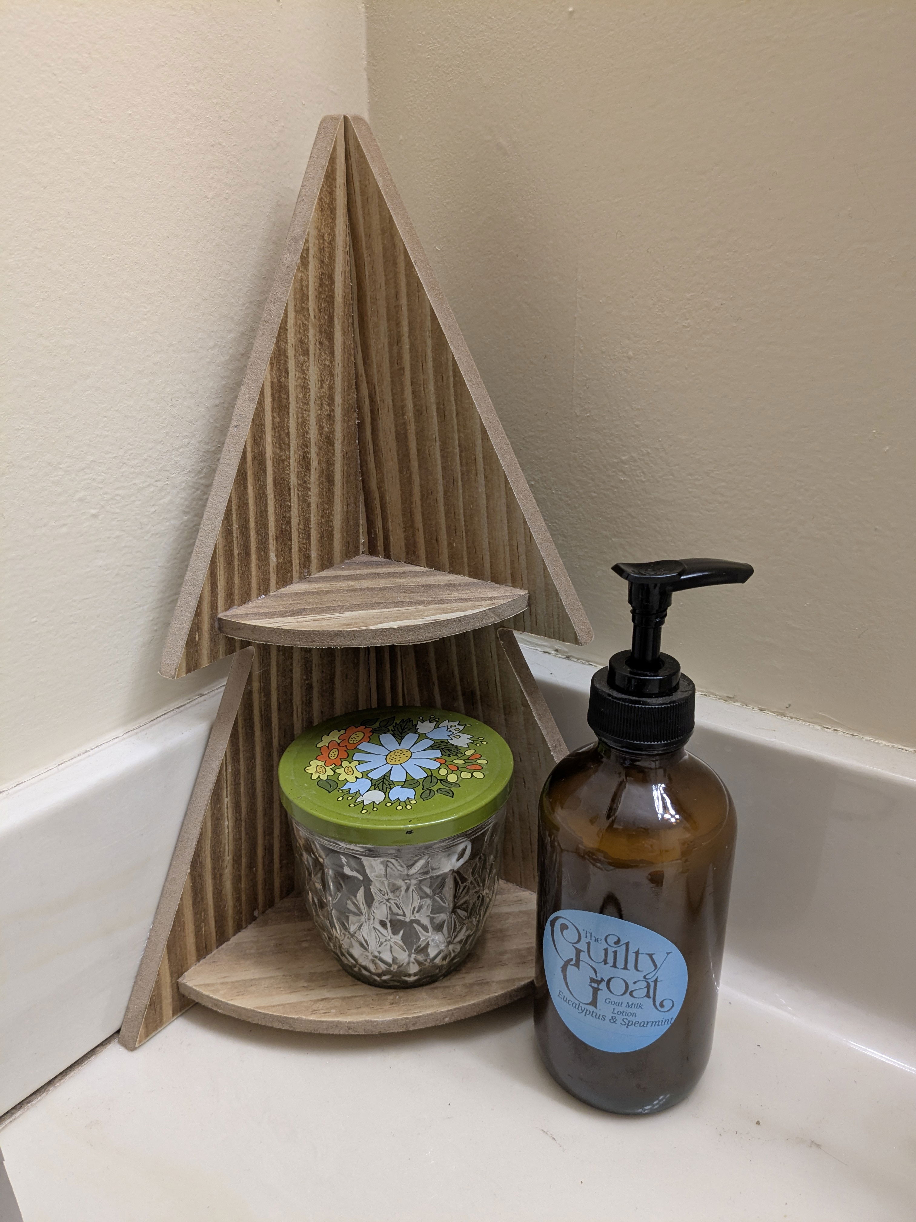The Guilty Goat lotion is shown in an eclectic bathroom setting