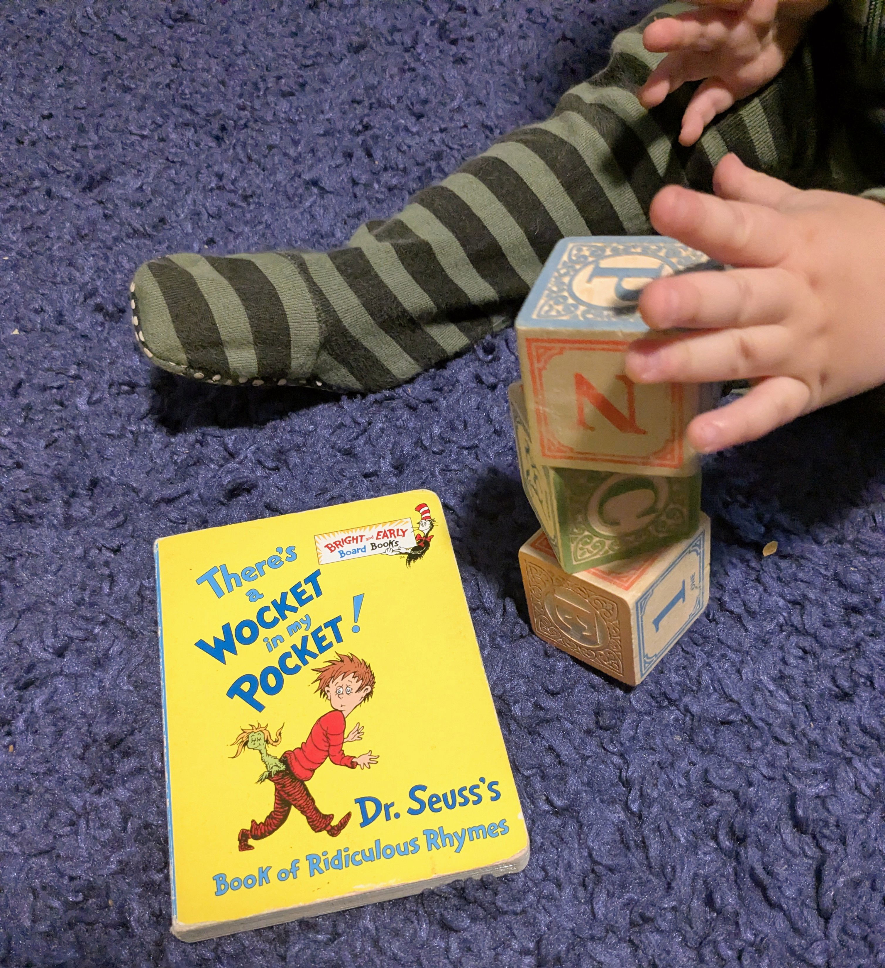 There's a WOCKET in my pocket by dr Seuss with a baby stacking blocks next to the book
