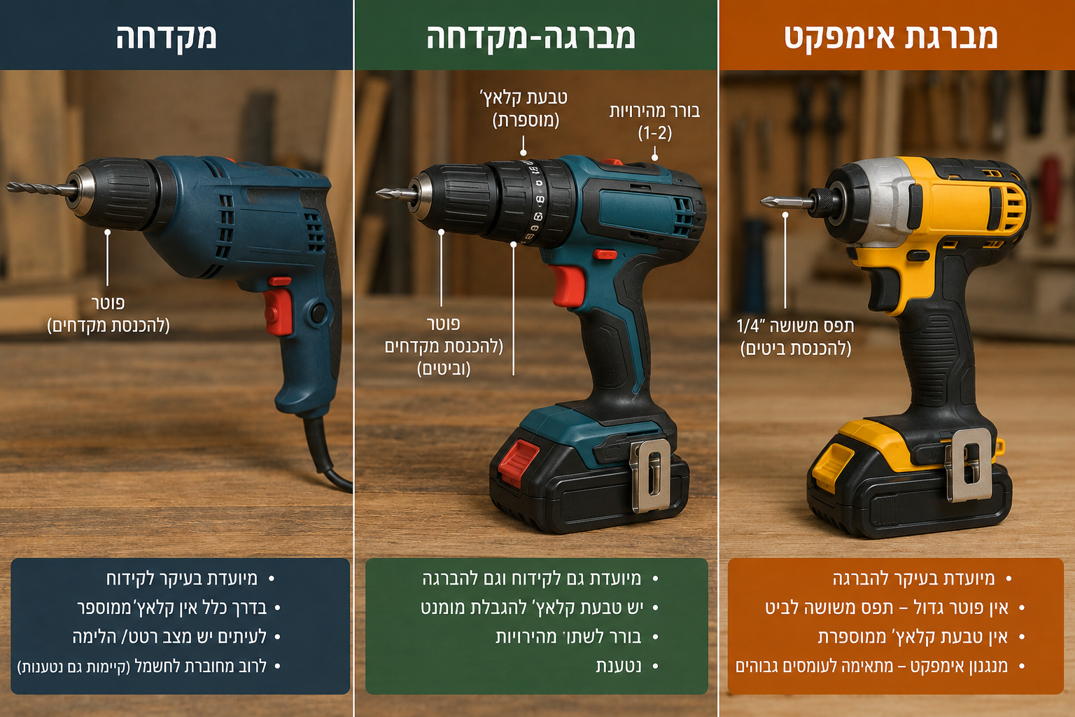 מברגה אימפקט, מברגה-מקדחה ומקדחה - איך מבדילים ביניהן?
