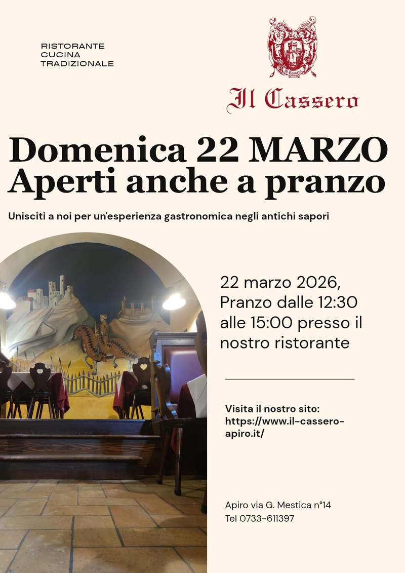 DOMENICA 22/03 APERTI A PRANZO