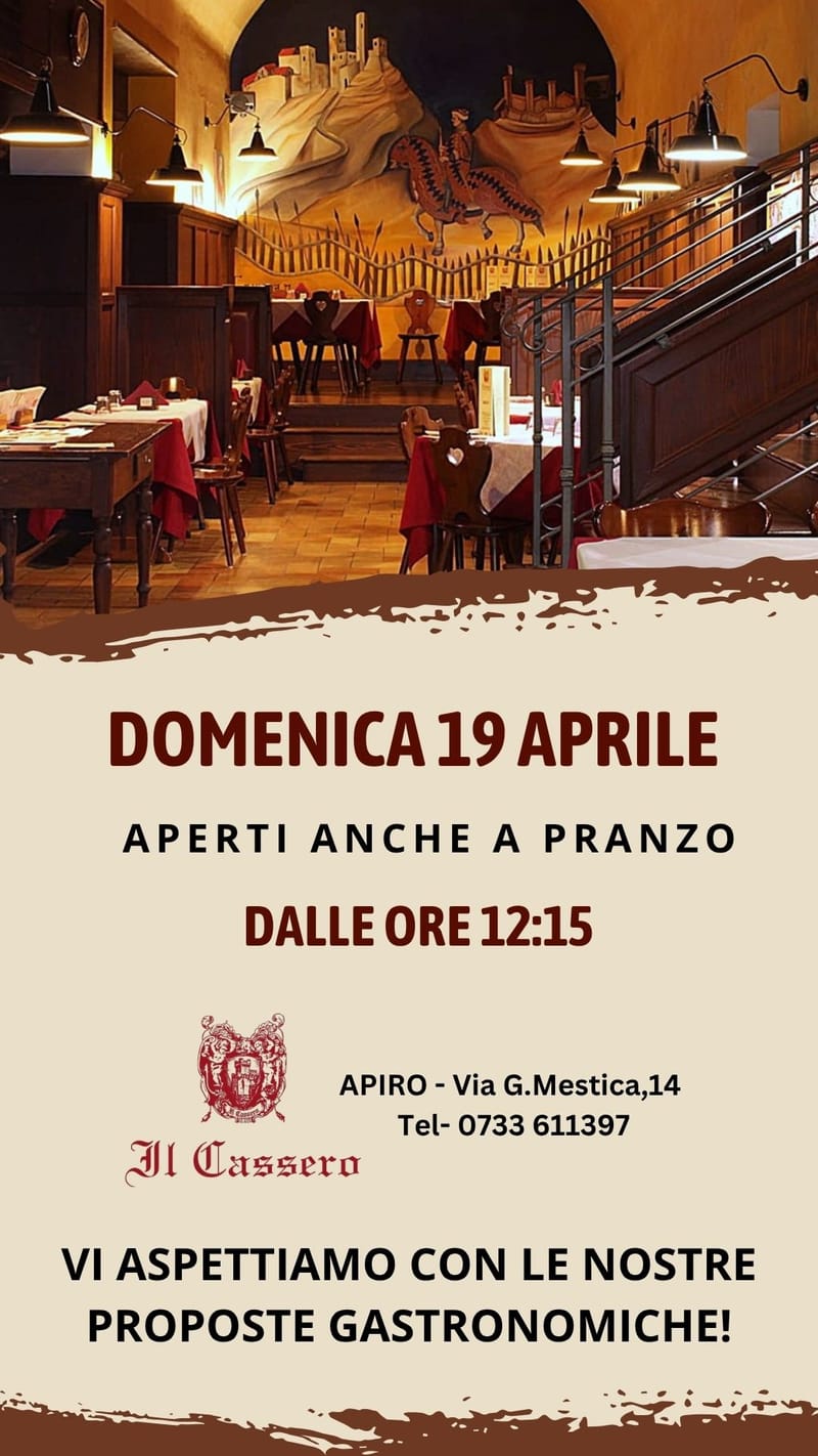 DOMENICA 19 APERTI A PRANZO