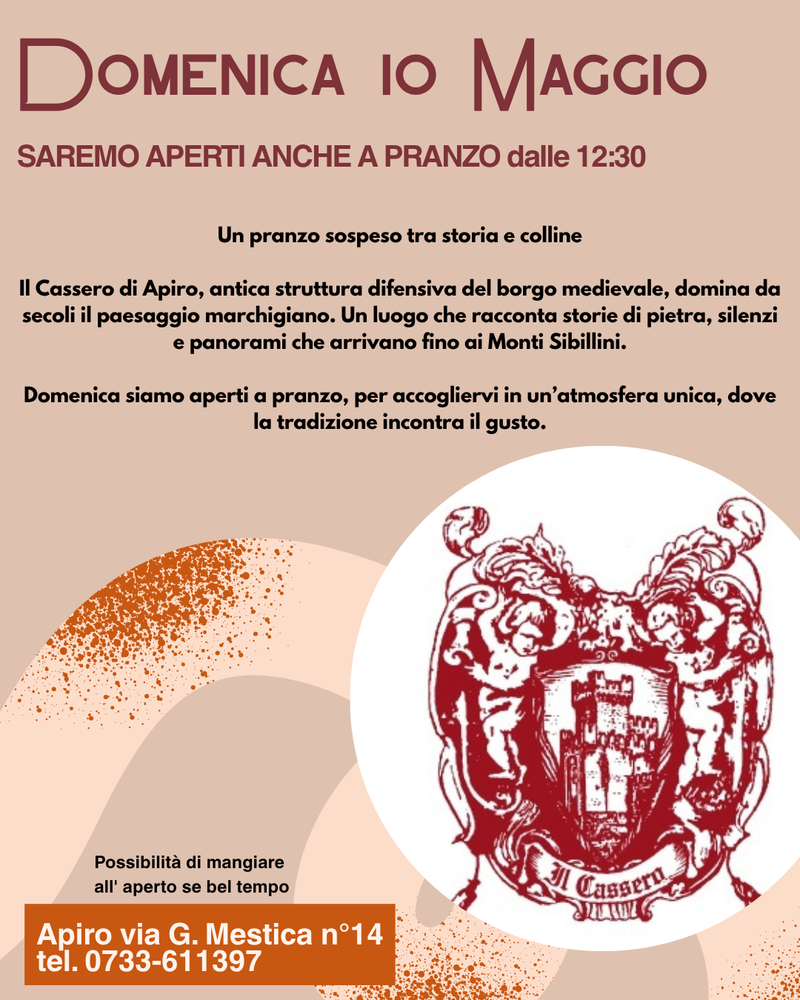 DOMENICA 10 MAGGIO APERTI A PRANZO