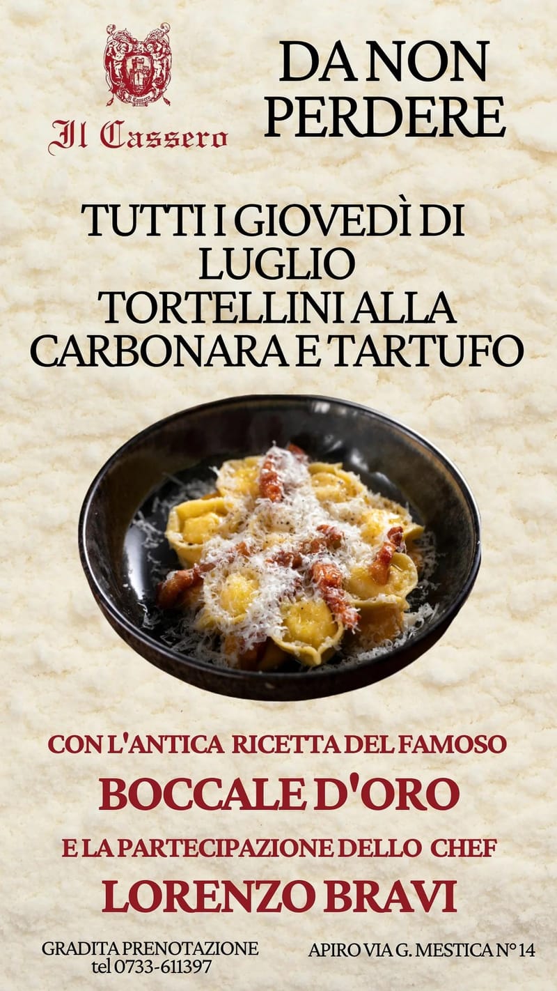 TUTTI I GIOVEDÌ LUGLIO TORTELLINI CABONARA E TARTUFO