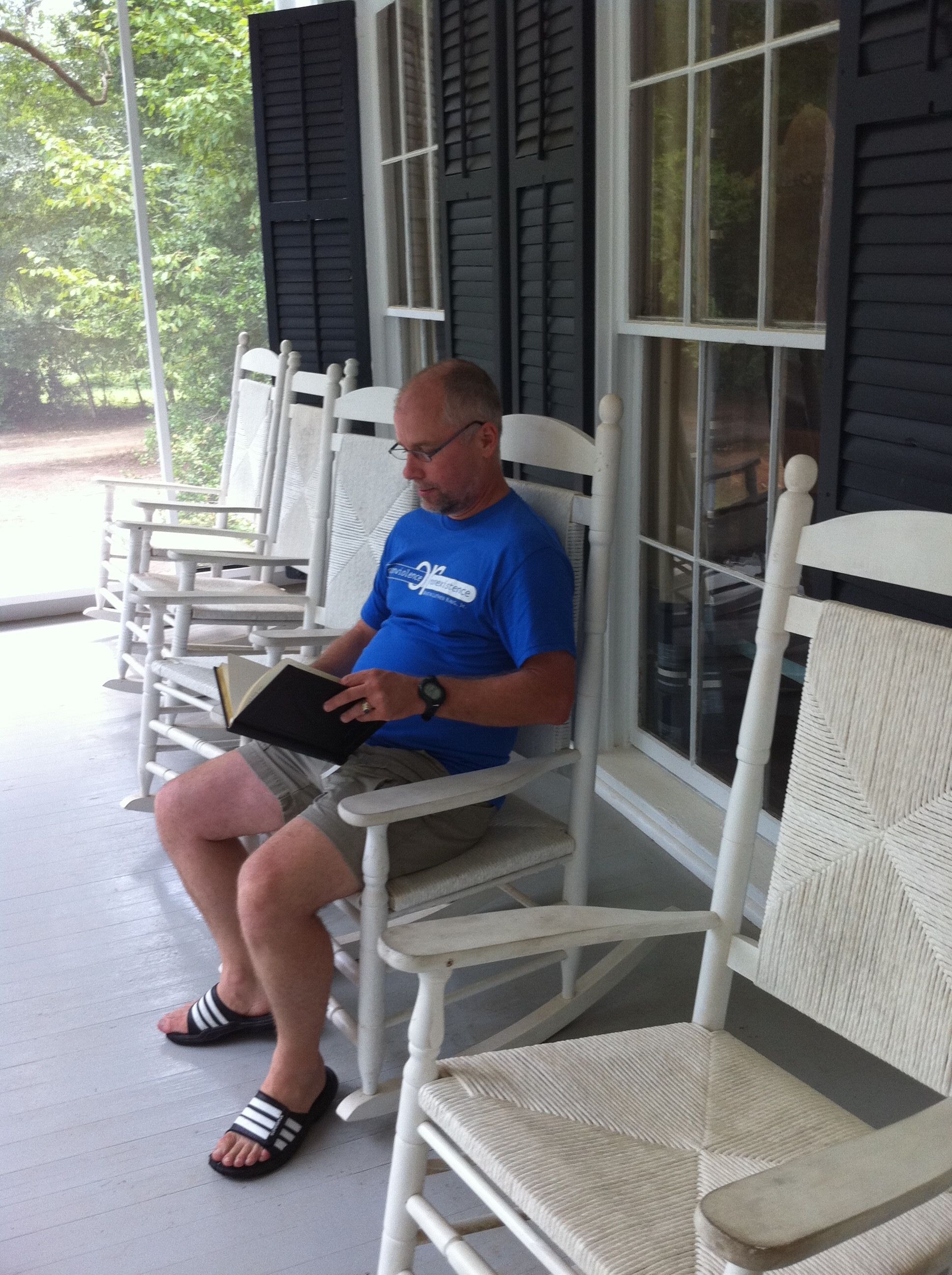 Writing on Flannery O'Connor's front porch at her house at Andalusia in Georgia.