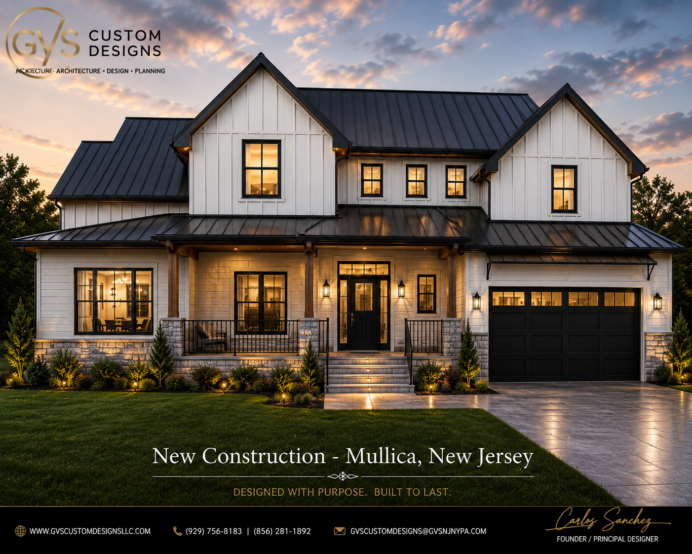Modern farmhouse new construction home, Mullica, NJ - front exterior at dusk