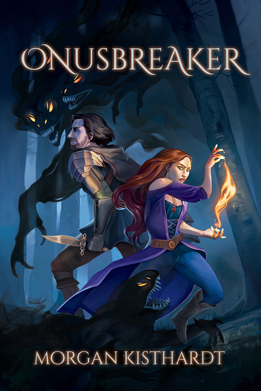 Cover image for Onusbreaker features the two POV characters facing off with creatures back to back.
