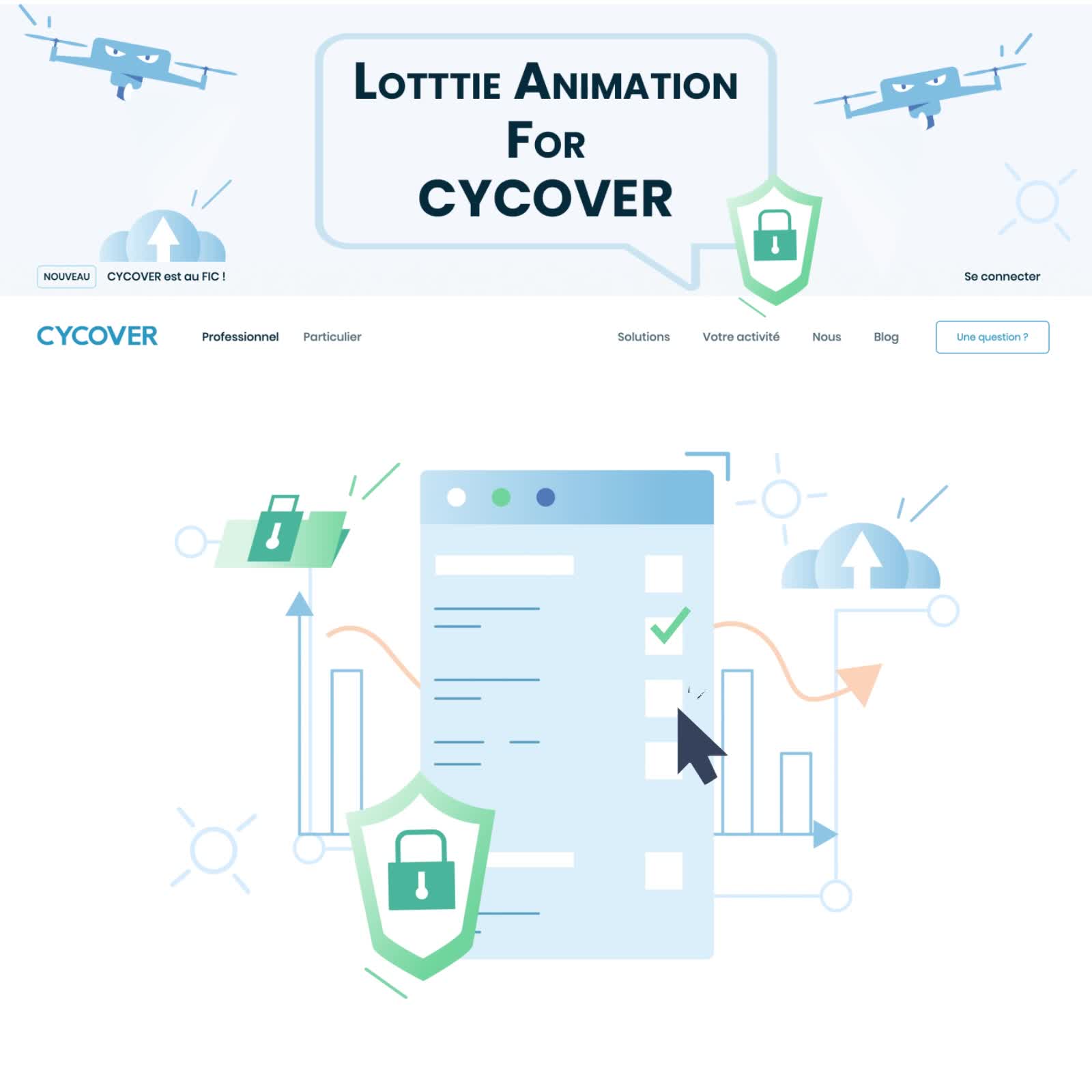 A set of Lottie/Json website animation for "Cycover"