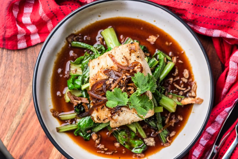 Baked Fish with Ginger-Greens Saute