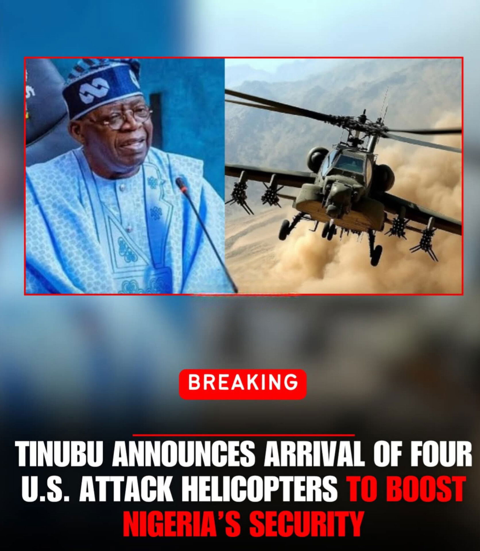 BREAKING: President Tinubu announces the imminent arrival of four advanced U.S. attack helicopters to boost Nigeria's fight against insecurity. A key part of a broader strategy including community policing talks. Full report on the push for peace.