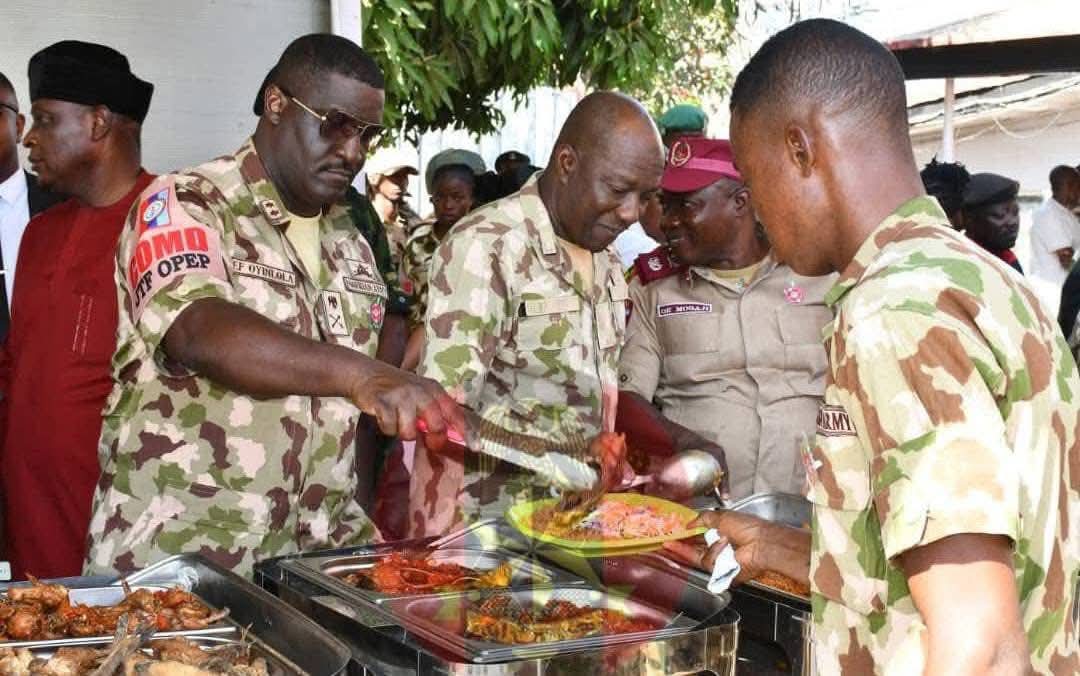 CDS General Oluyede & COAS Lt. Gen. Shaibu share a special Christmas lunch with frontline troops in Plateau State, honoring their sacrifice and dedication to peace.