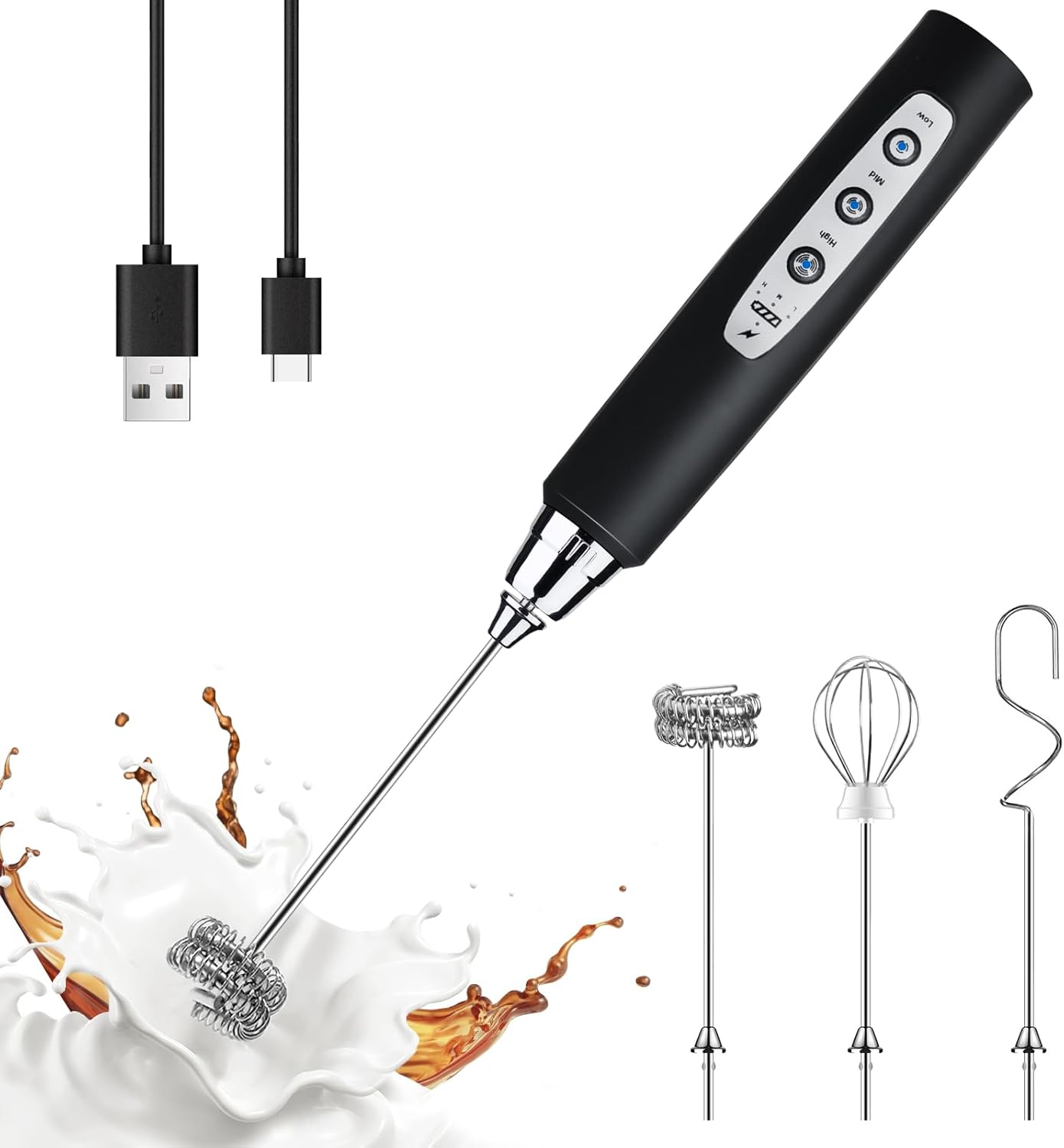 YUSWKO Black Handheld Milk Frother Wand