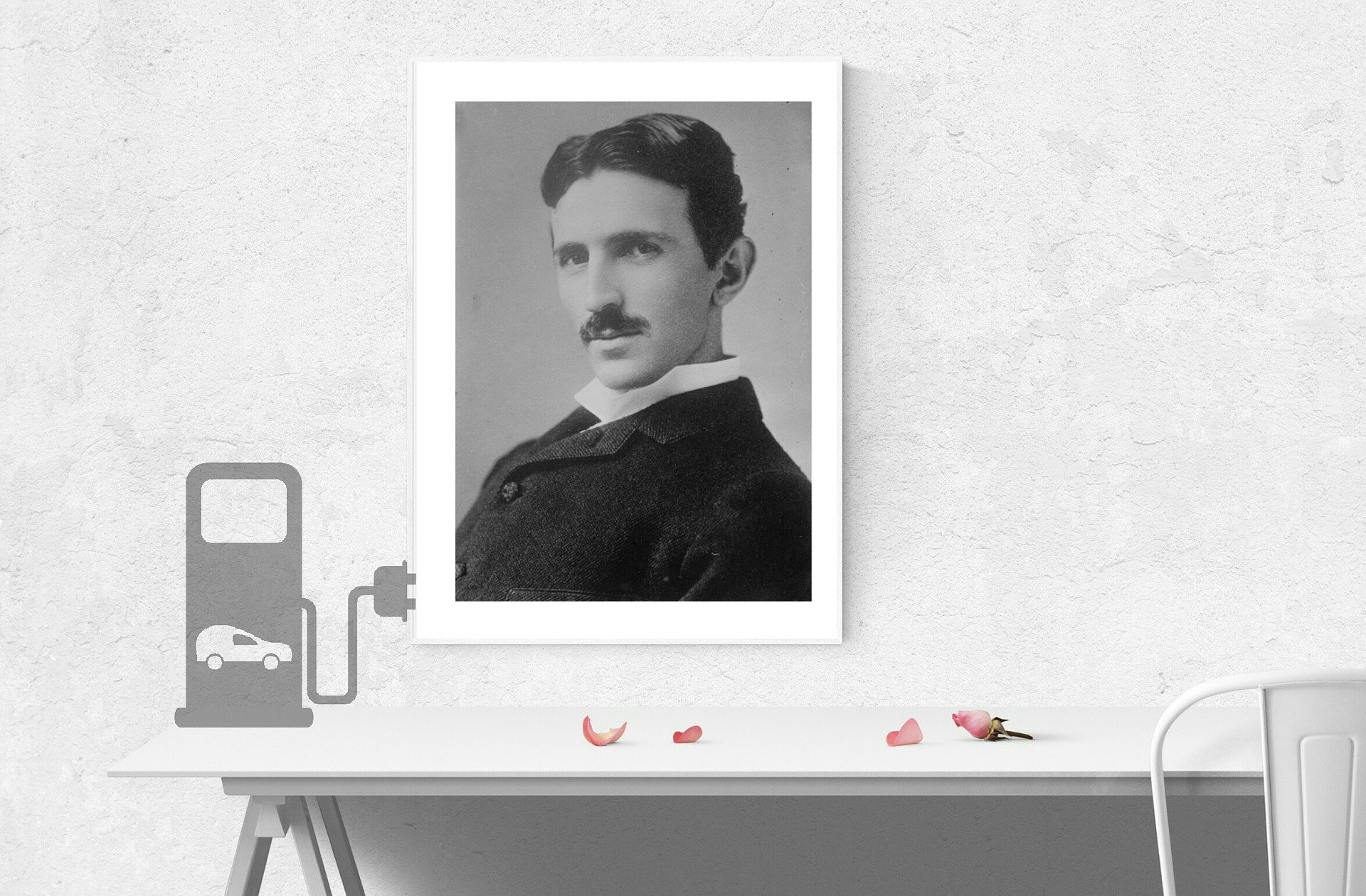 photo noir et blanc de Nicolas TESLA, encadrée et accroché sur un mur, dans une chambre d'étudiant