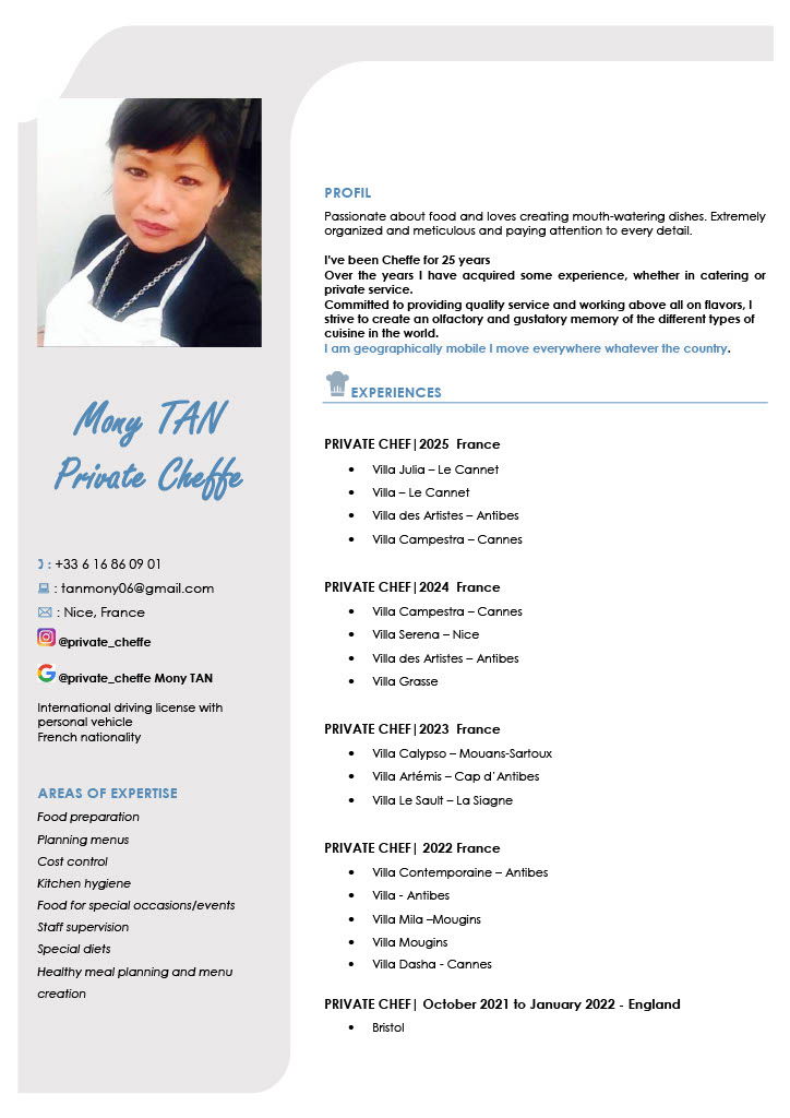 CV du chef MONY CUISINE DU MONDE ENTIER