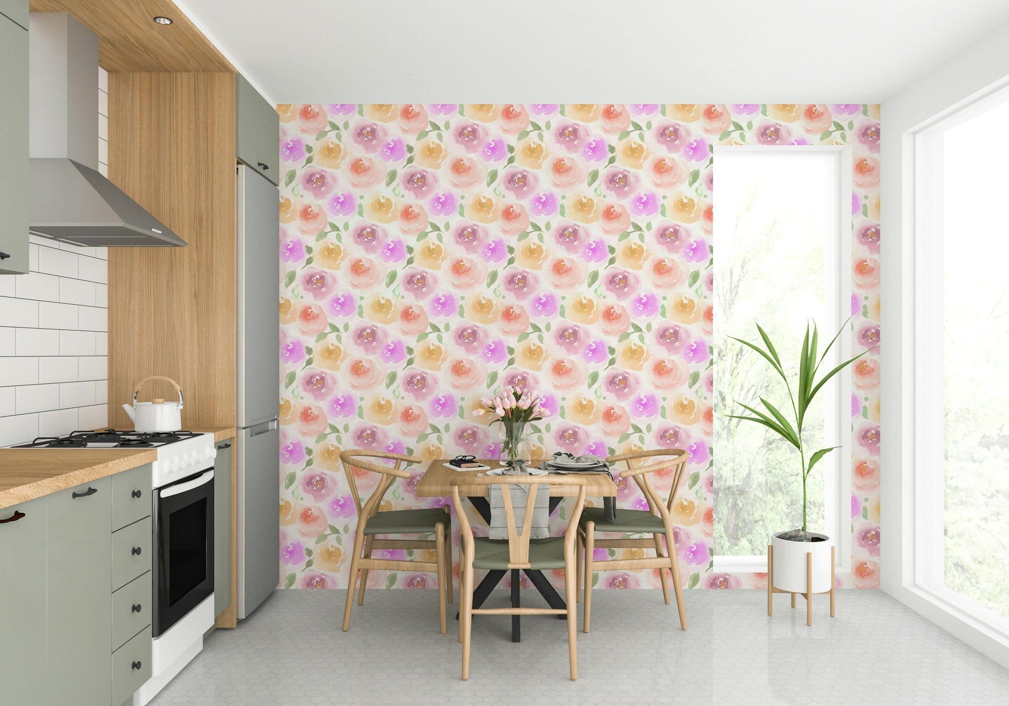 Bright nursery room decorated with light pink pastel wallpaper and white wooden crib.