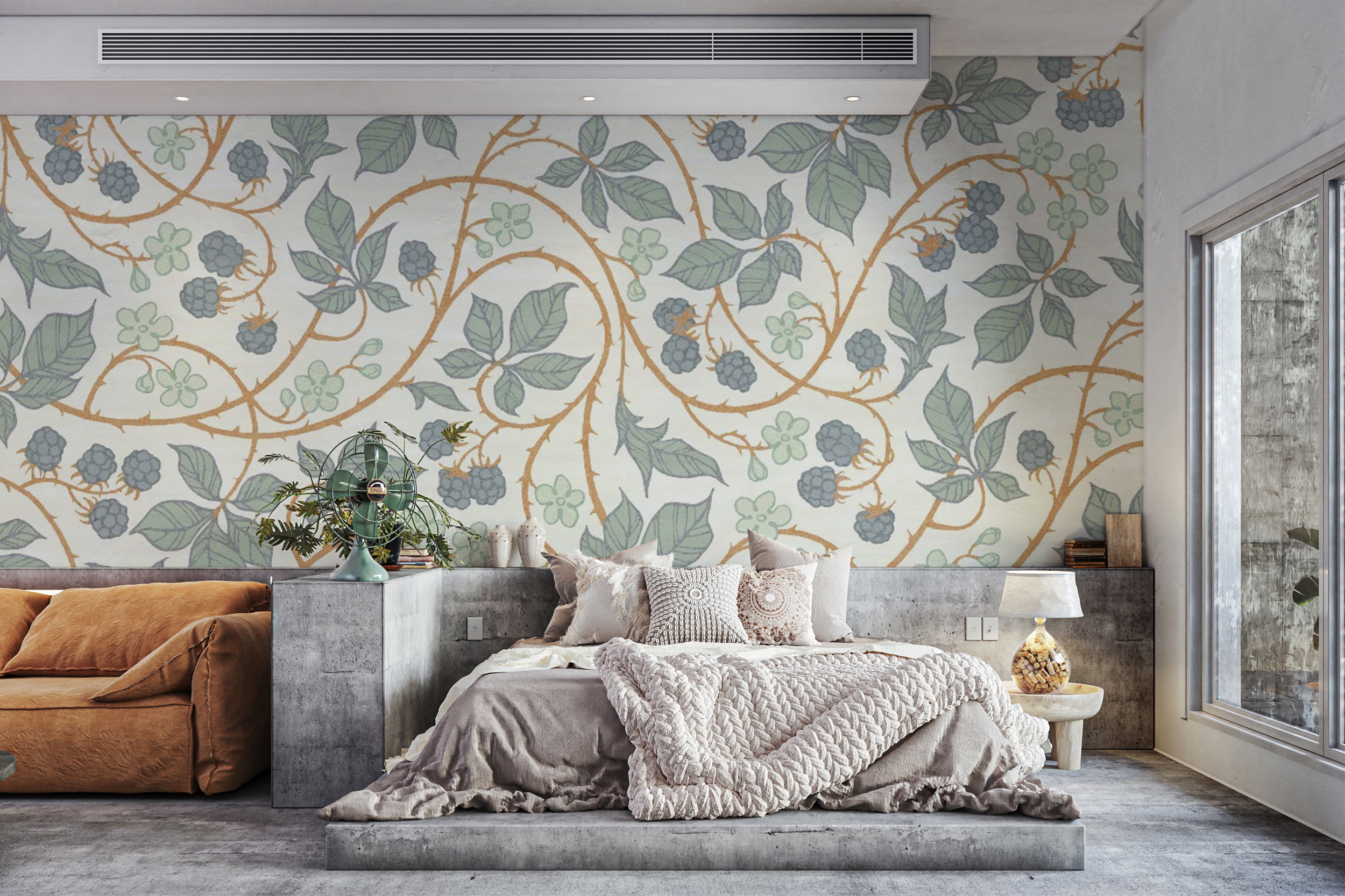 Close up of a botanical wallpaper design featuring large pink blooming flowers and green leaves.