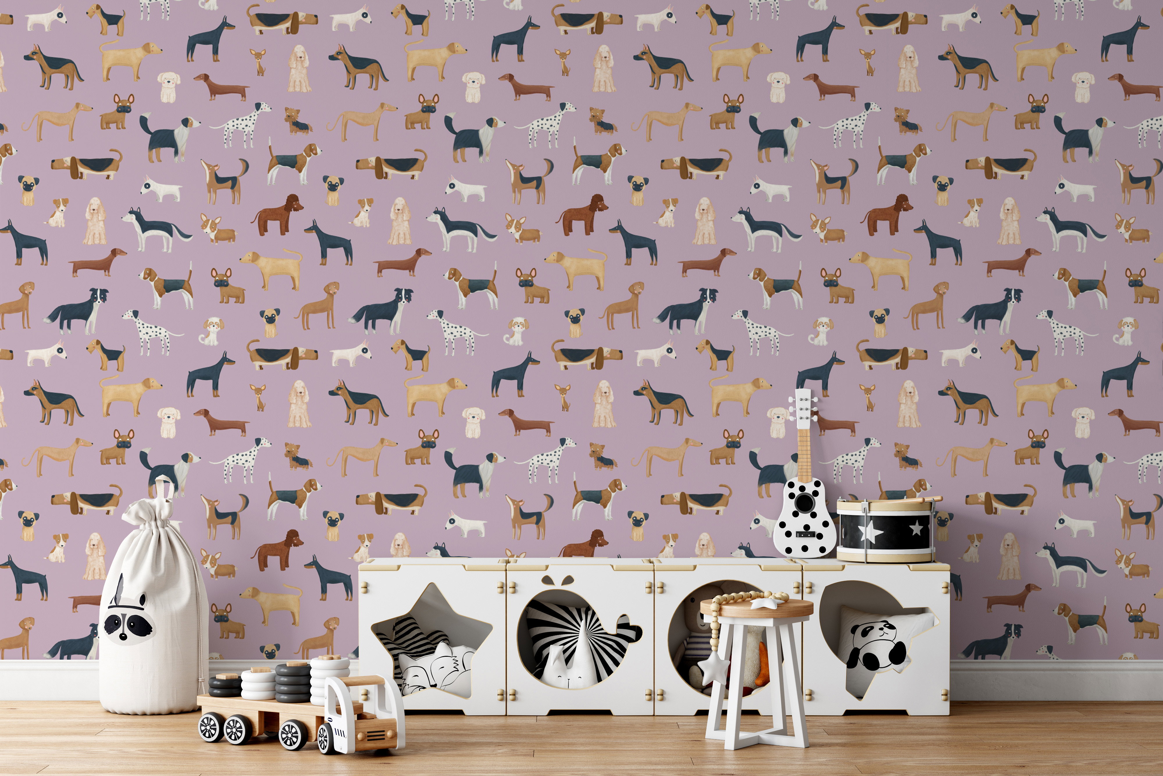 Artistic interior featuring a detailed lilac wallpaper pattern with subtle pink undertones.