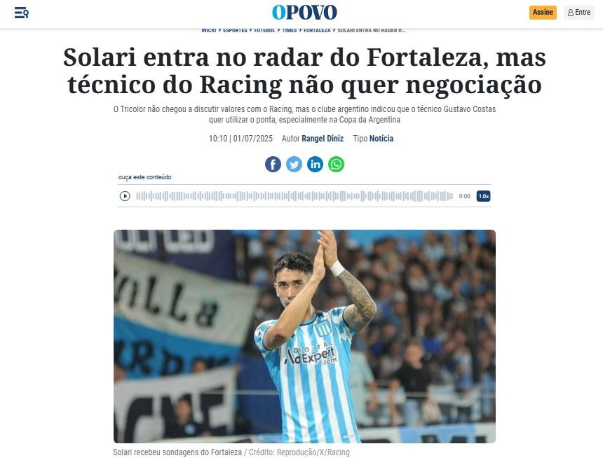 LIGA PROFESIONAL DE FÚTBOL – De Brasil quieren a Solari pero Racing quiere venderlo a Europa