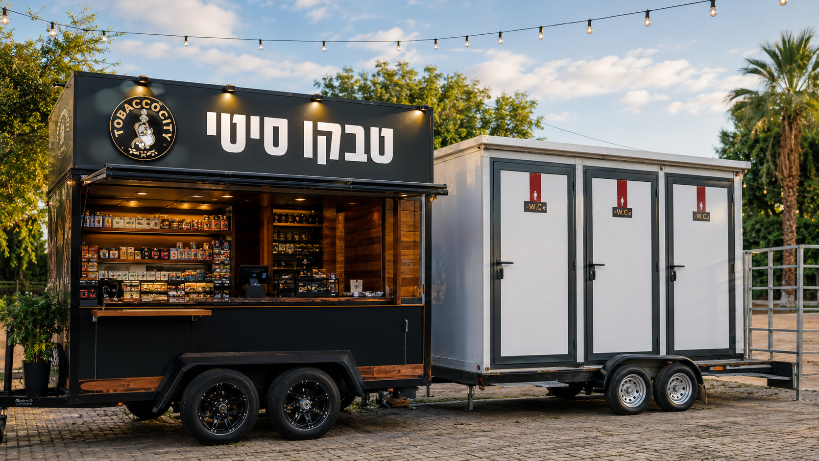 עגלת טבק לאירועים לצד נגרר שירותים ניידים באירוע חוץ