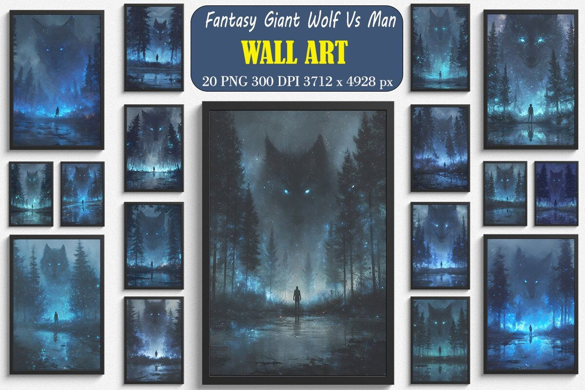 Fantasy Giant Wolf Vs Man Wall Art Bundel