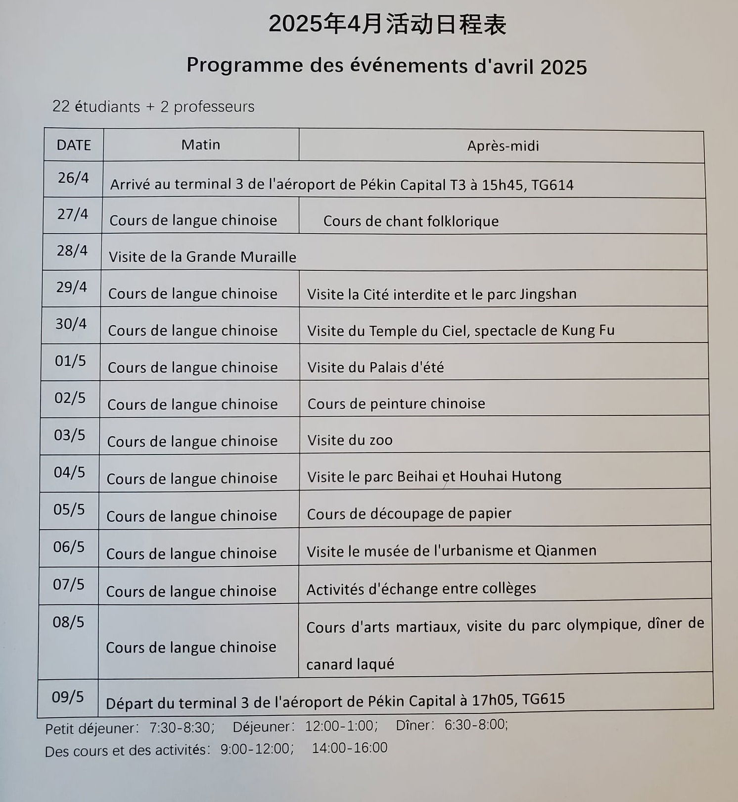 Programme du séjour