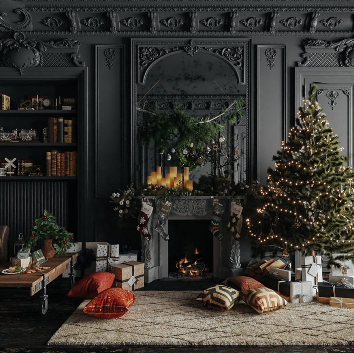 Вітальня в стилі неокласика. Новорічна атмосфера.