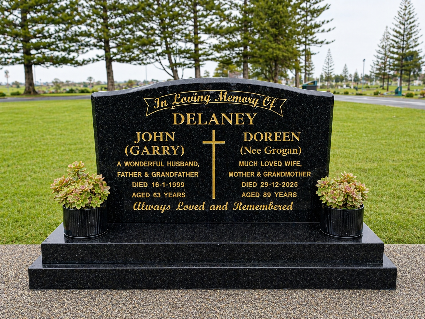 Premium Black Granite Double Headstone – Kiama Cemetery NSW