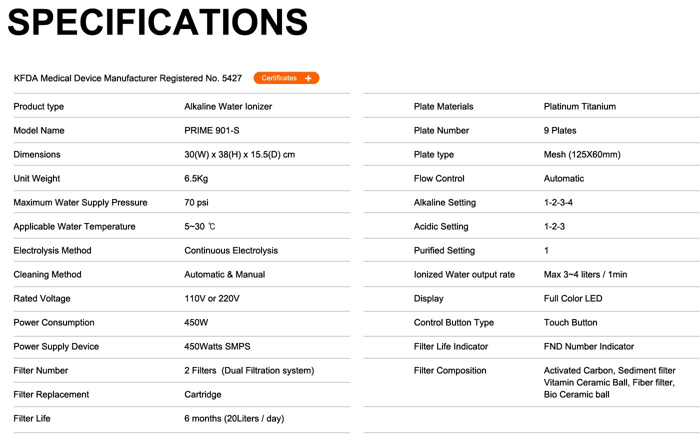 Alkaline Water Ionizer: Specifications