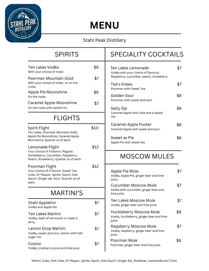 Stahl Peak Distillery - Menu