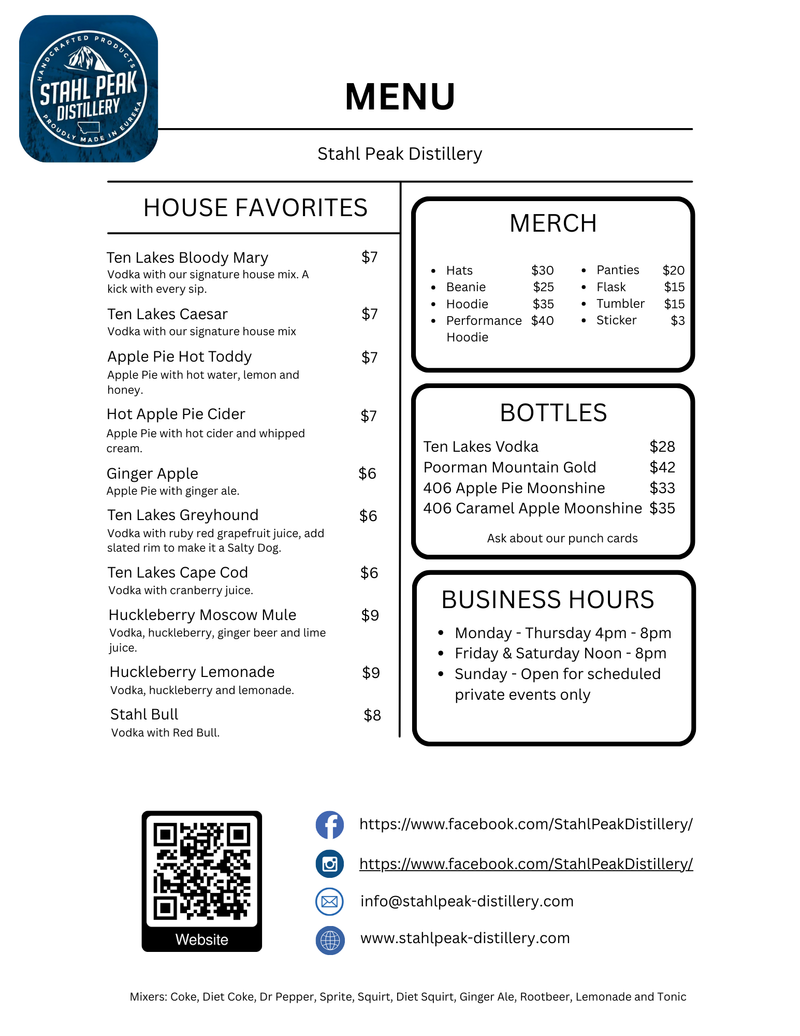 Stahl Peak Distillery - Menu