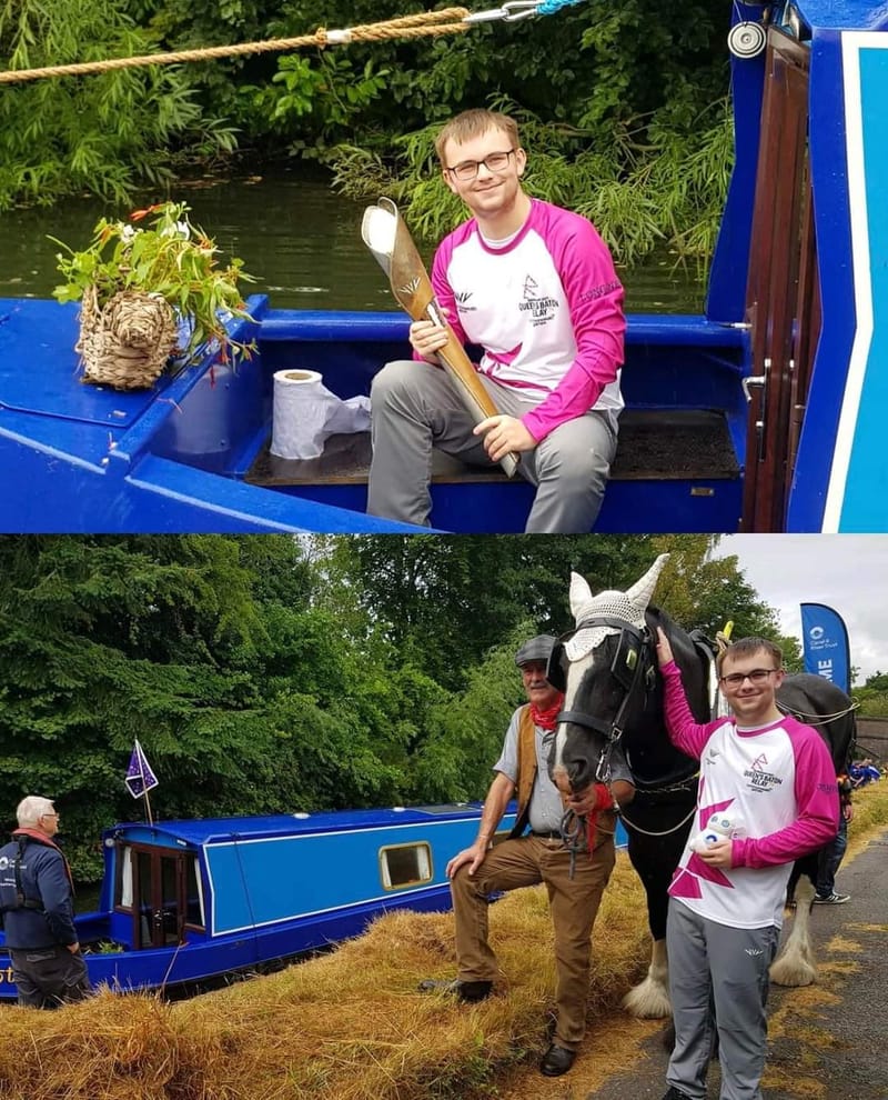Pulling The Canal Boat On the Grand Union for Part of the Queen's Baton Relay in Solihull in July 2022.