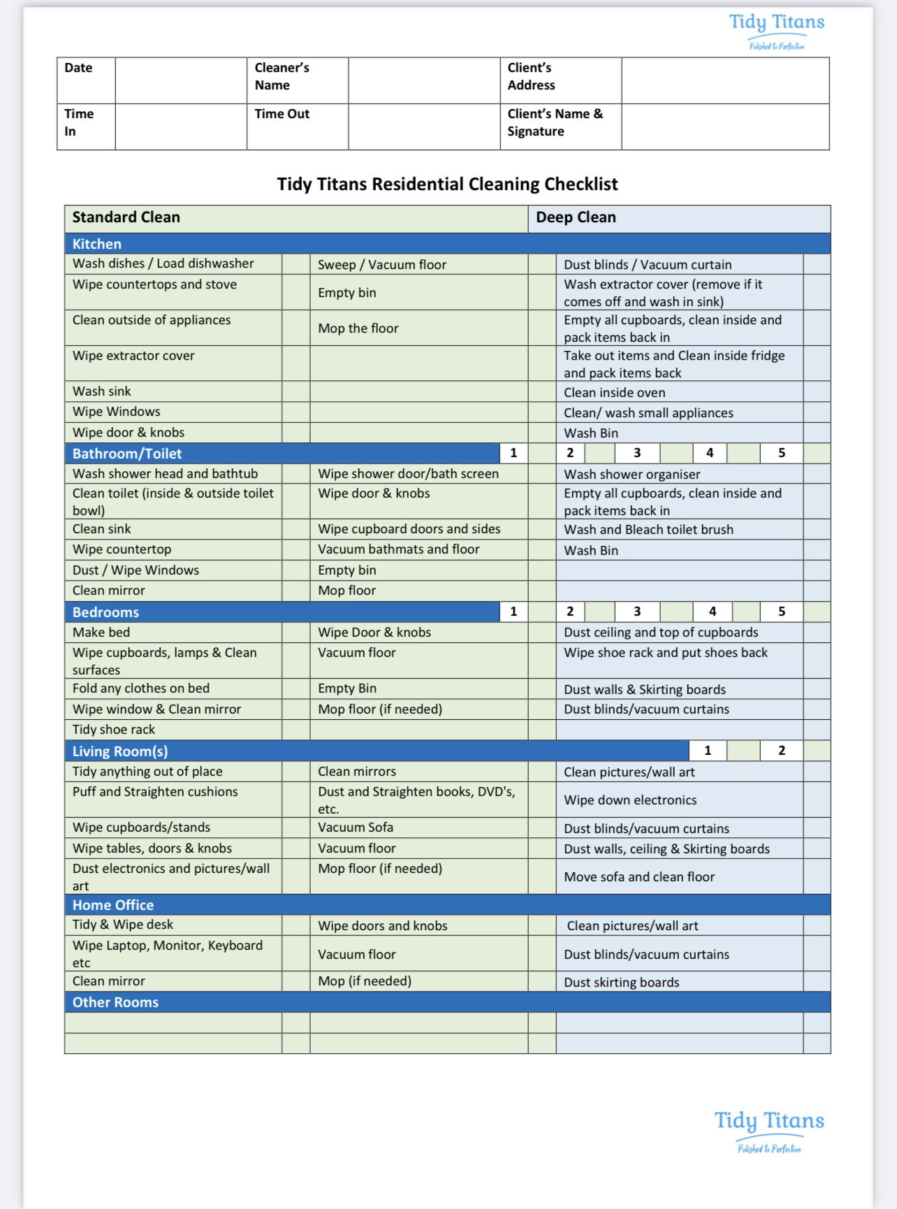 TIDY TITANS CLEANING CHECKLIST