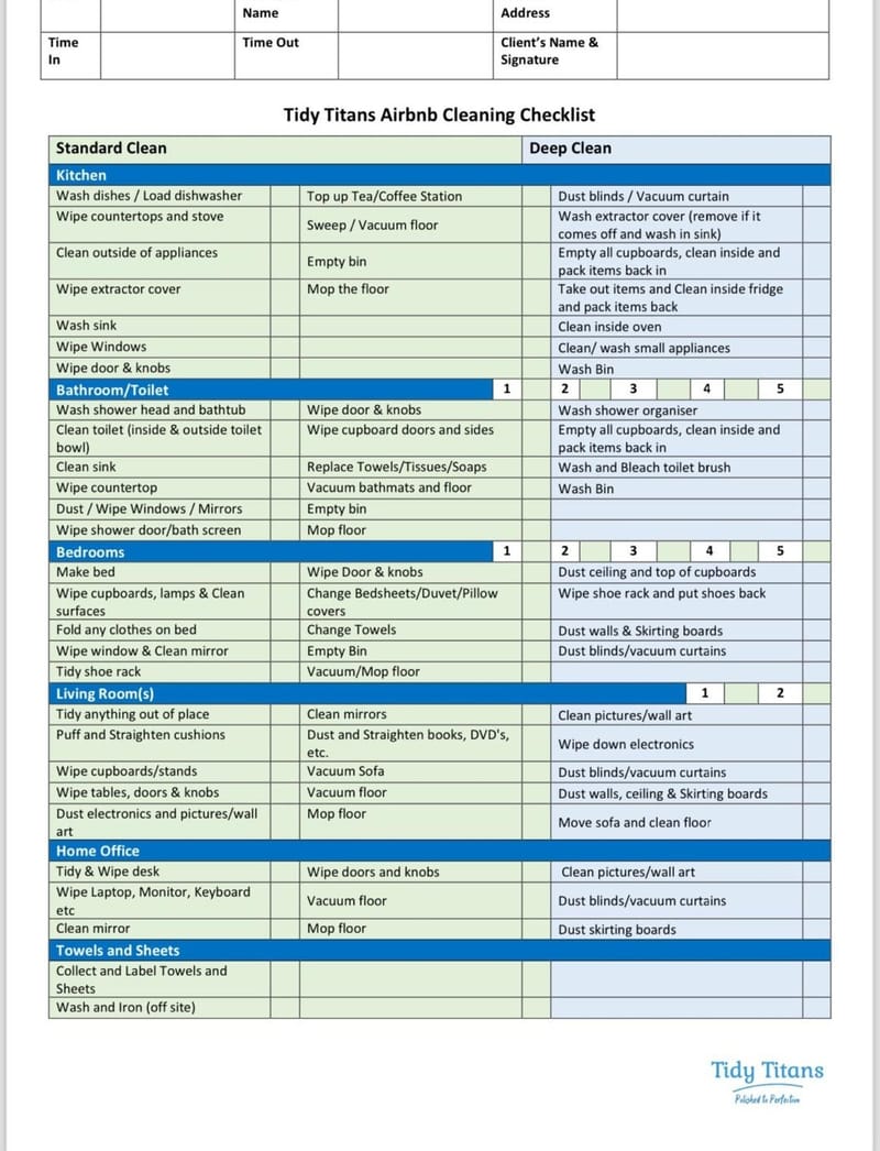 TIDY TITANS CLEANING CHECKLIST