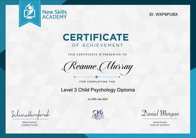 Certificate of Achievement from New Skills Academy presented to Reanne Murray from completing Trauma Awareness