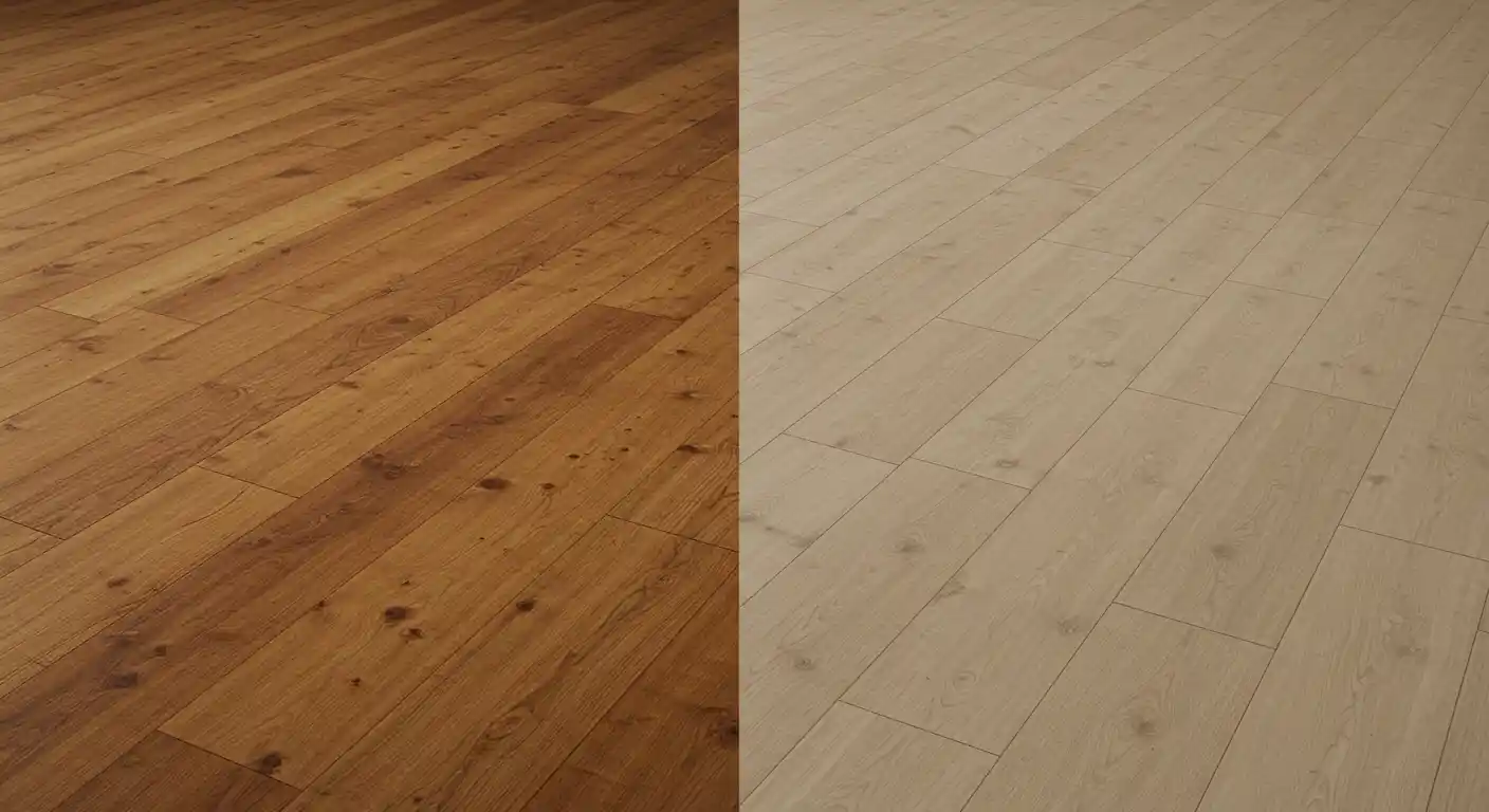 A side-by-side comparison image showing a scratched real wood floor next to a flawless wood effect porcelain tile, illustrating the superior resilience of porcelain
