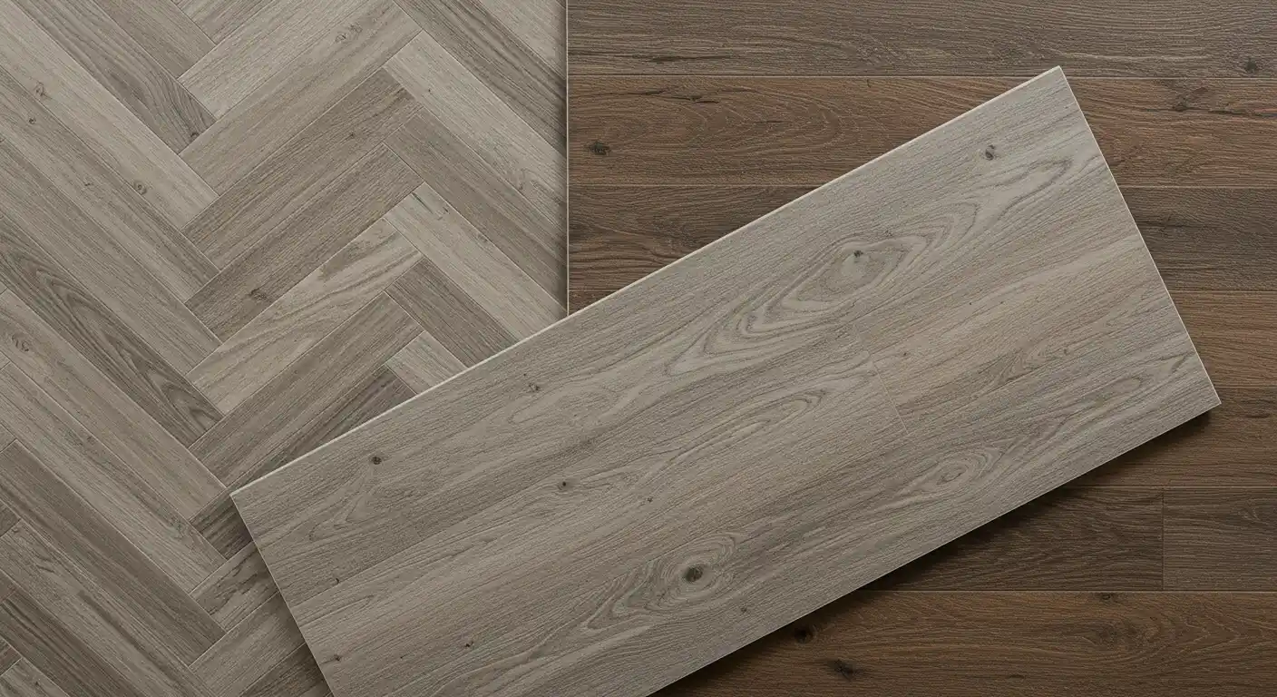 An arranged flat lay of various wood effect porcelain tile samples including a herringbone, a cool grey plank, and a rustic plank, showcasing popular 2025 UK trends