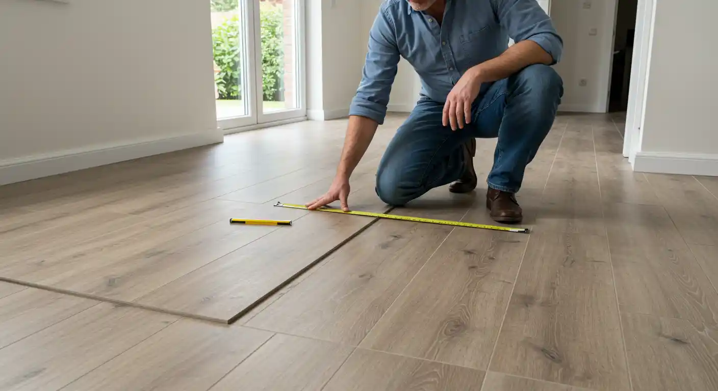 A UK homeowner on their knees in a bright room, comparing two different wood effect tile samples, a visual guide for choosing the perfect tile for a home renovation.