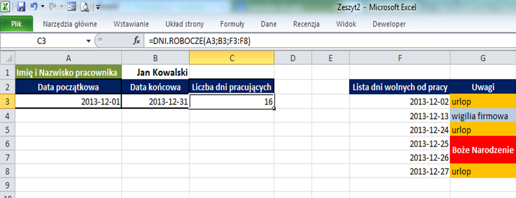 Excel formuły - dni.robocze, networkdays