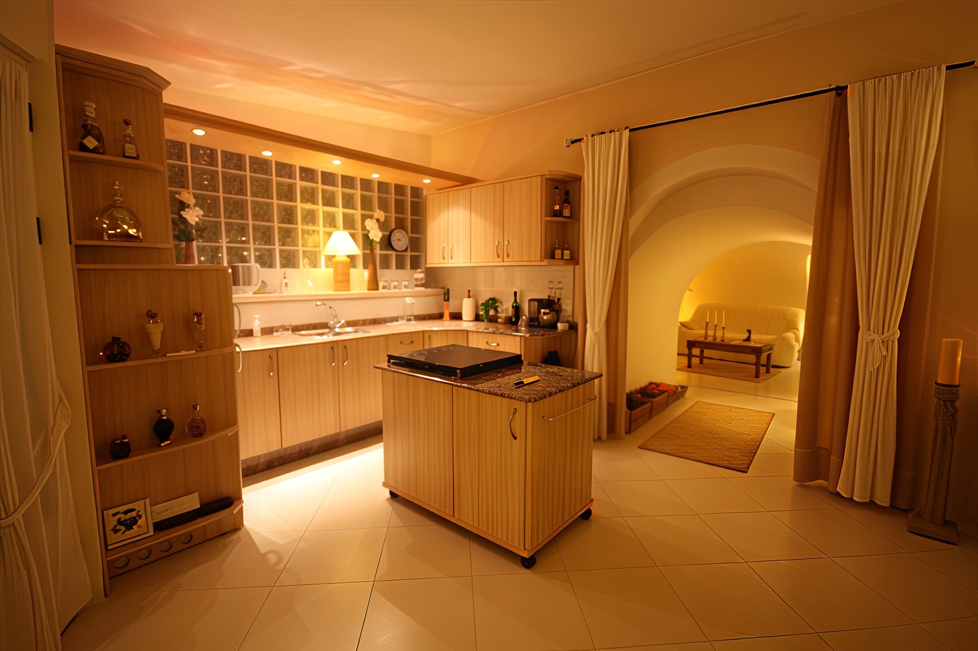 Villa - livingroom with kitchen and acces to the cueva